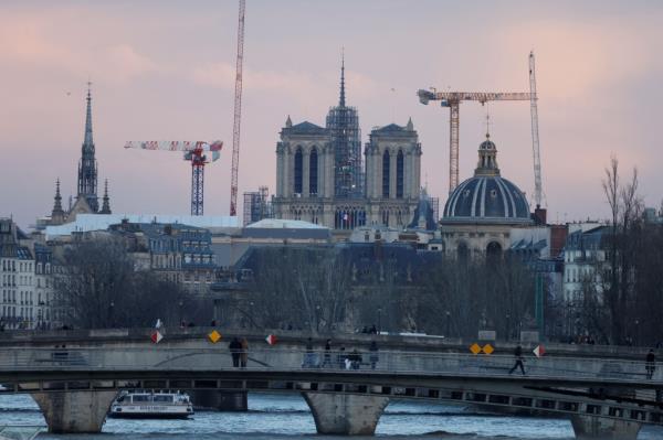 The co<em></em>nstruction site of Notre-Dame de Paris Cathedral is shown on Feb. 12, 2024, with its rear spire, in Paris. 