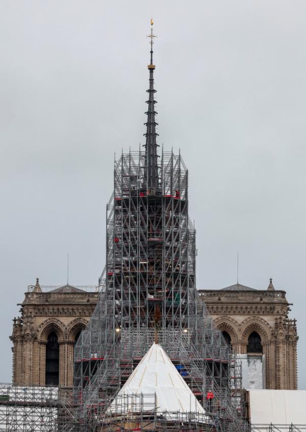 A view of the spire from the Notre-Dame de Paris Cathedral, ravaged by a fire in 2019, is seen as restoration works co<em></em>ntinue in Paris, France, on Feb. 13, 2024. 