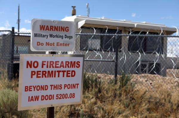 Razor wire and security cameras at the entrance to Area 51