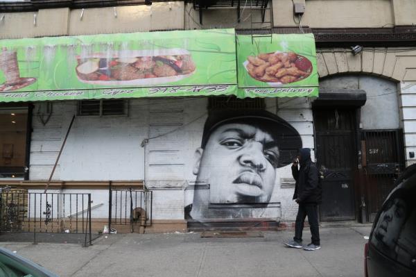 Overall view of a mural by the street artist Ishmael of Rapper The Notorious B.I.G.